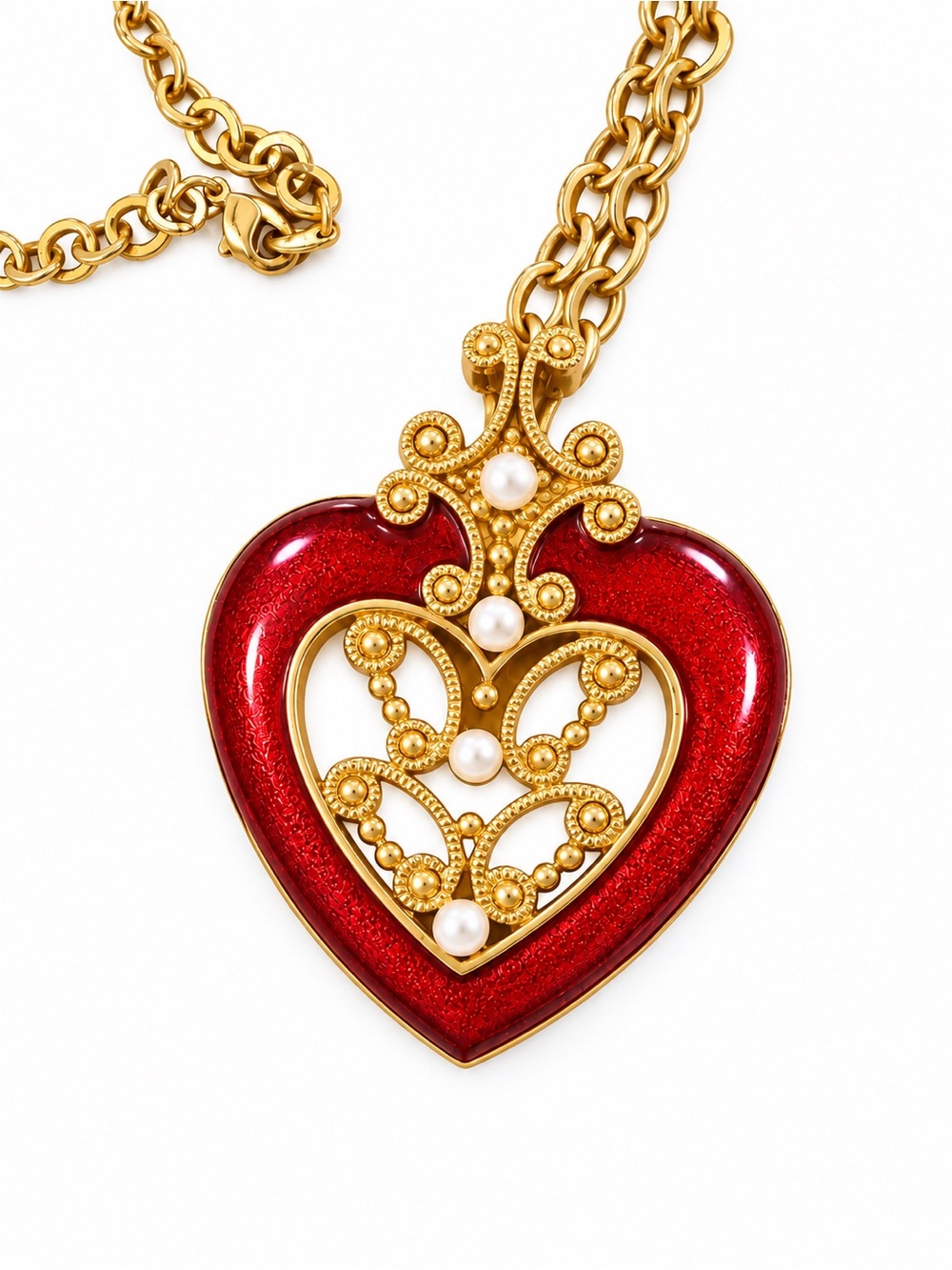 Vintage Signed Avon Red Heart Pendant Necklace 30” Gold Tone Faux Pearl Filigree